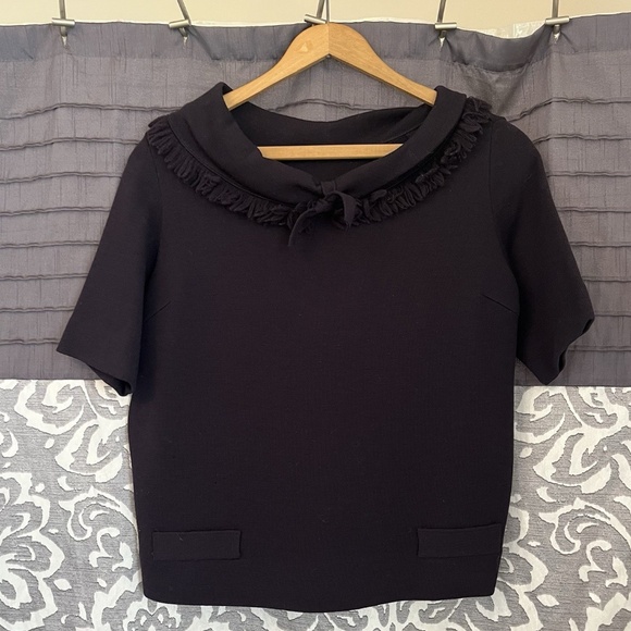 Vintage 50s I. Magnin Navy Blue Wool Short Sleeve Shirt Pullover Sweater Size M - Picture 1 of 12